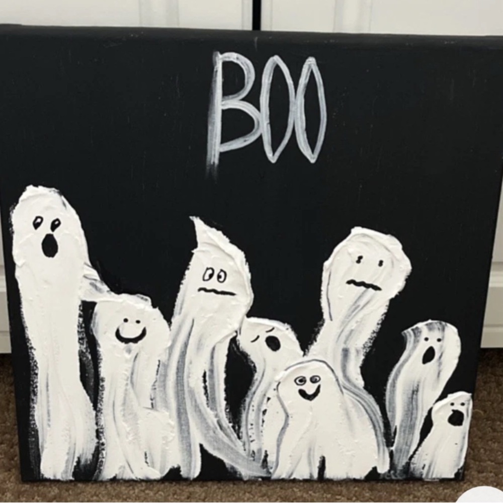 Ghostly Boo Canvas Art - Black and White-BOO